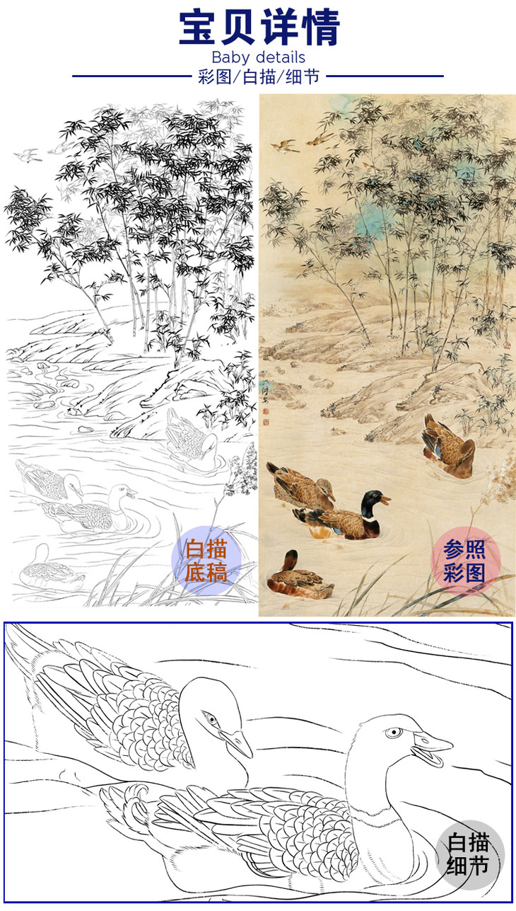 白描底稿邹传安工笔竖幅四尺六尺花鸟竹子黑头鸭a086