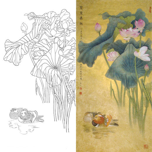 竖幅工笔花鸟白描底稿荷花鸳鸯a043