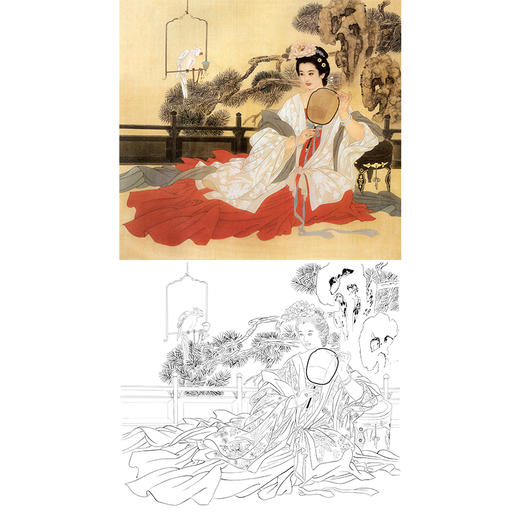工笔传统仕女人物白描底稿王美芳鹦鹉面前不敢言斗方小品册页b134