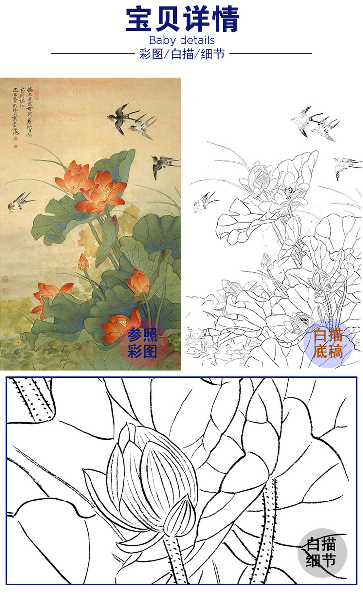 竖幅工笔花鸟白描底稿俞致贞荷花燕子hv03