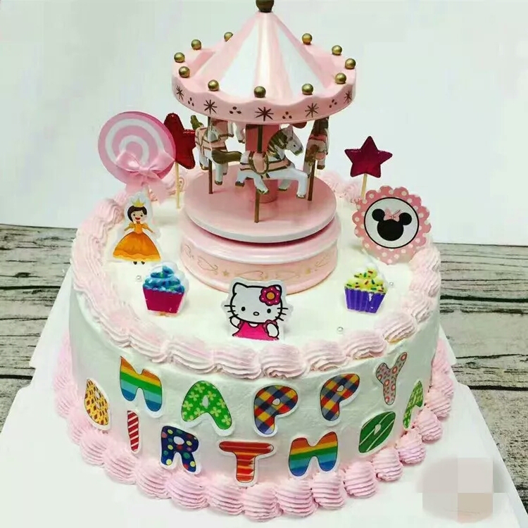 特价旋转木马音乐盒情人节 生日蛋糕装饰摆件 蓝色 粉色可选
