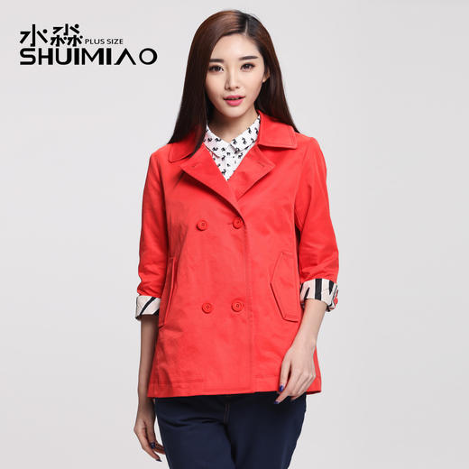 水淼大码女装2016春季新款胖mm双排扣风衣女外套短款s1016h6020