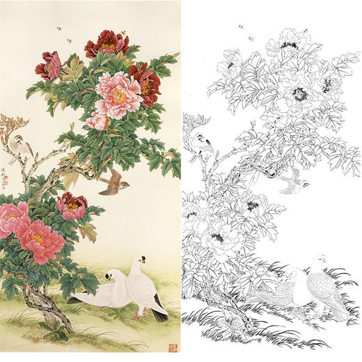 竖幅工笔花鸟白描底稿牡丹鸽子金鸿钧牡丹双鸽jr12