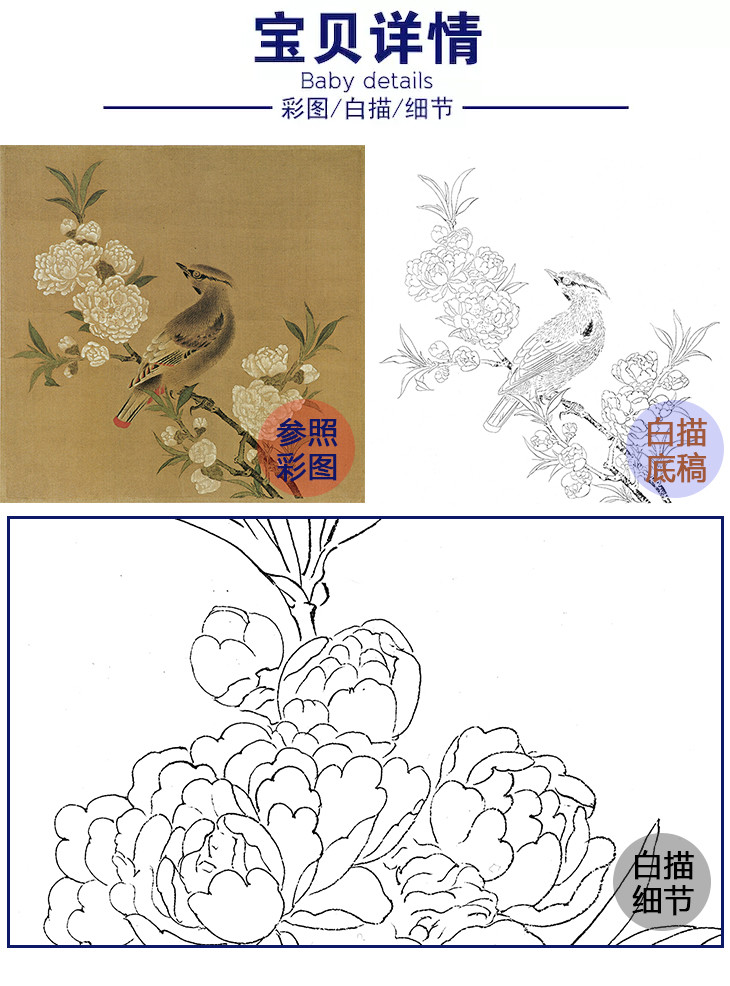 宋画花鸟白描底稿佚名桃花山鸟图斗方小品册页gh07