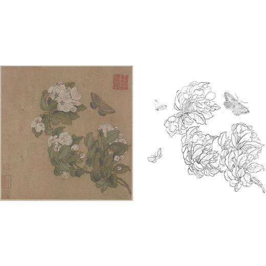 宋画花鸟白描底稿佚名海棠蛱蝶图斗方小品册页gh36