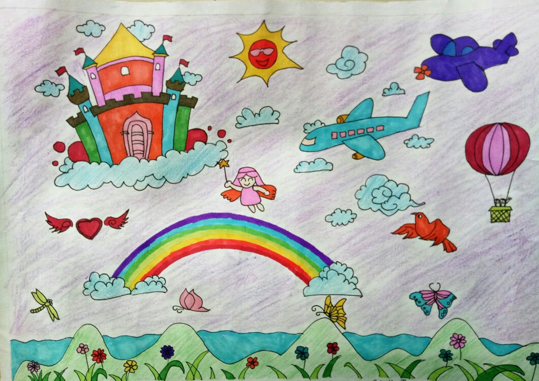 在孩子的认知里,天空中有飞翔的鸟,飞机,城堡……绘画亮点:这幅画是横