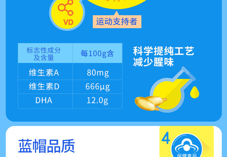 善卡优鳕鱼肝油软胶囊05g粒10粒板4板补充婴幼儿童维生素