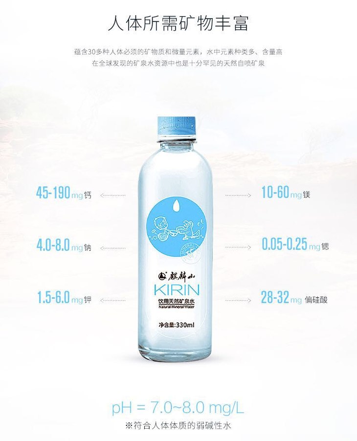 麒麟山天然珍稀矿泉水弱碱性水330ml12瓶整箱发货限广东省