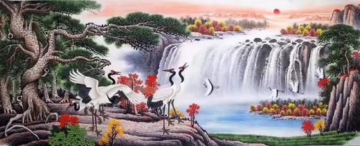 一级美术师周武光国画作品彩墨小八尺松鹤延年