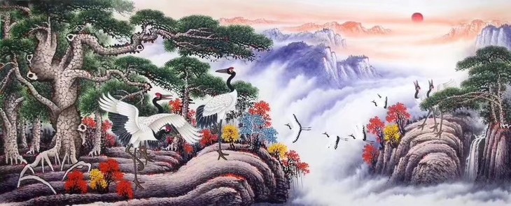 一级美术师周武光国画作品彩墨小八尺松鹤延年
