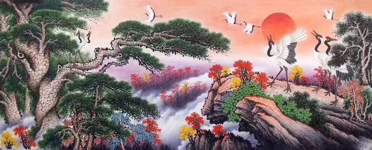 一级美术师周武光国画作品彩墨小八尺松鹤延年