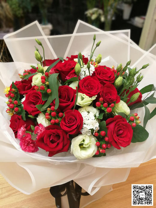 花开时间22相思花束鲜花红玫瑰19支红色系半圆形白色包装
