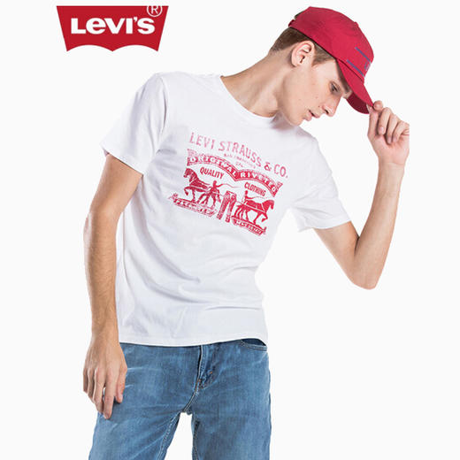 levi's李维斯男士白色圆领纯棉双马logo印花短袖t恤17783-0201