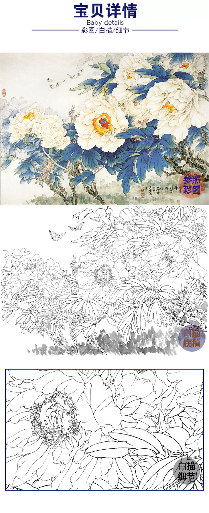 横幅工笔花鸟白描底稿王少卿牡丹wk12