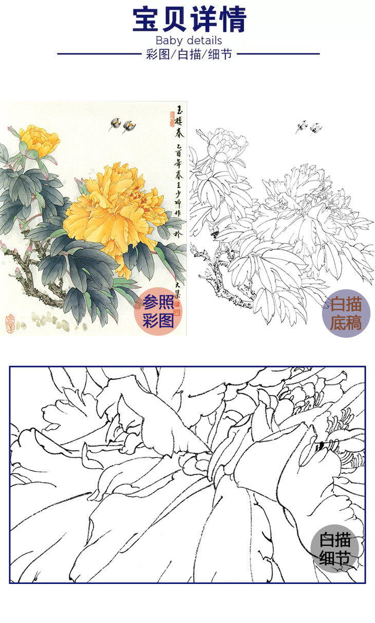 工笔花鸟白描底稿王少卿牡丹斗方小品册页wk02