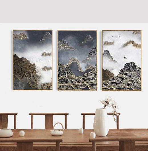 新中式抽象意境禅意山水画线条云雾装饰画