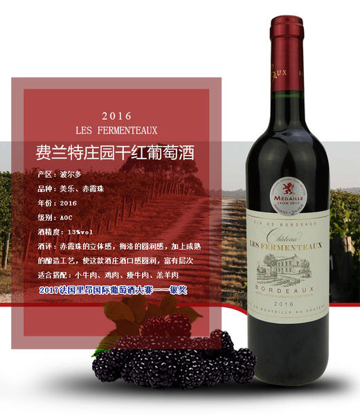 【法国】费兰特庄园干红葡萄酒进口(750ml)获得里昂2017国际葡萄酒