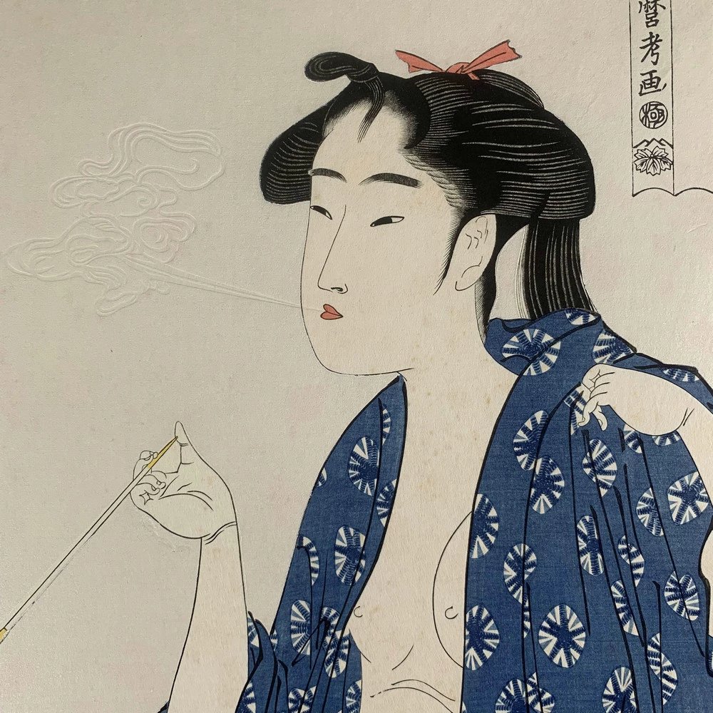 喜多川歌麿妇人相学十体之吸烟的女子珍贵手工木刻浮世绘版画