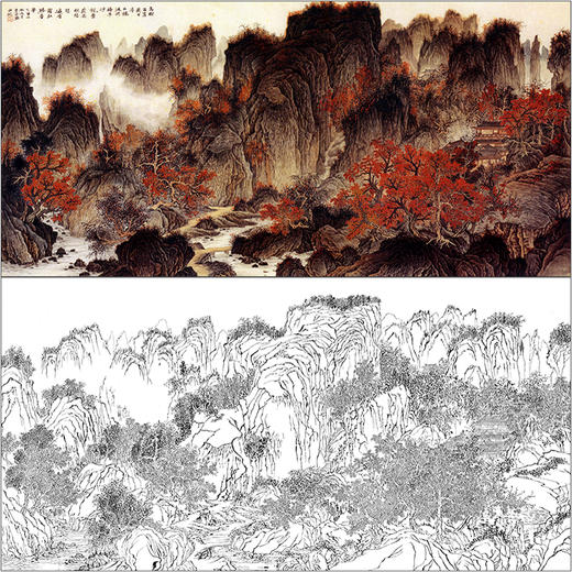 hf142高清国画山水画白描底稿工笔画线描稿临摹勾线过