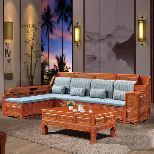 s107-610中式实木组合沙发泰国进口橡木高箱转角沙发古典雕花扶手带
