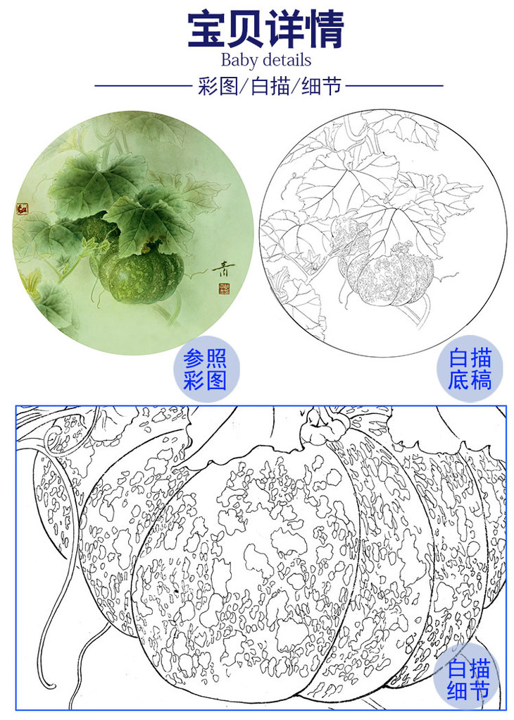 龚雪青花鸟白描底稿南瓜小品多种白描尺寸可选xq05