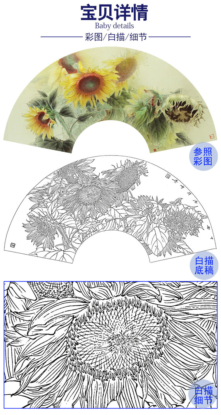 龚雪青工笔花鸟白描底稿扇面小品向日葵多种白描尺寸可选xq19