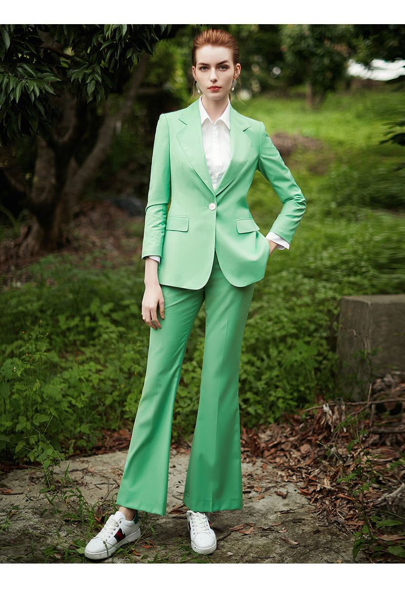 iwy时尚职业装女装清新绿色西服套装经典喇叭裤两件套修身正装cp9333
