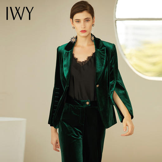 iwy职业装女套装时尚墨绿色西装丝绒西服ol工作服商务正装面试装1940