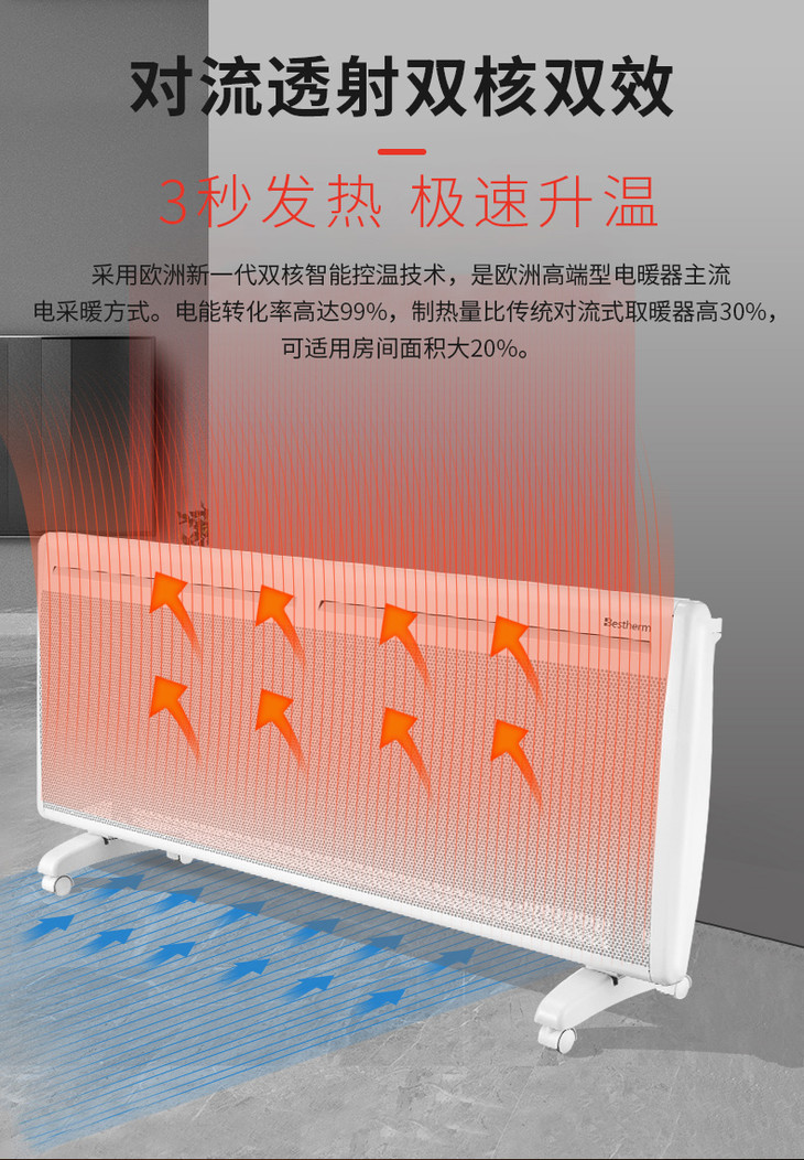 法国bestherm百斯腾全屋透射对流远红外双核智能取暖器居浴便携移动多