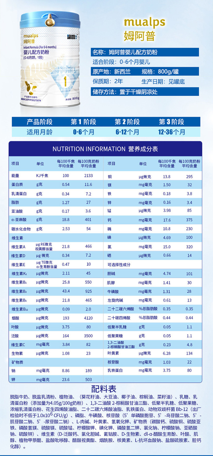 【秒杀】蓝河姆阿普新西兰进口升级opo配方奶粉 含有益生菌,乳铁蛋白