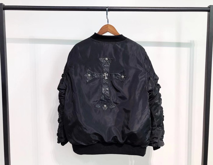 克罗心图案十字架标拼皮刺绣宽松休闲棒球棉服外套
