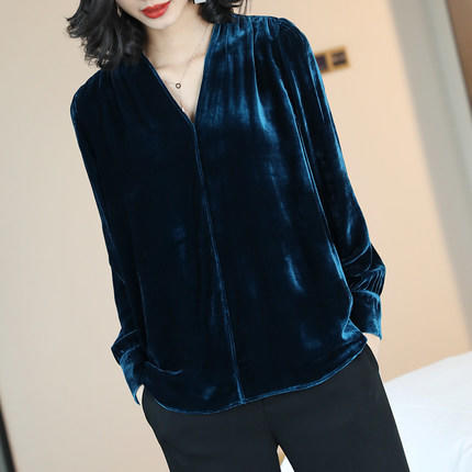 气质v领女长袖上衣丝绒衬衫宽松衬衣宝蓝色新款hl9725