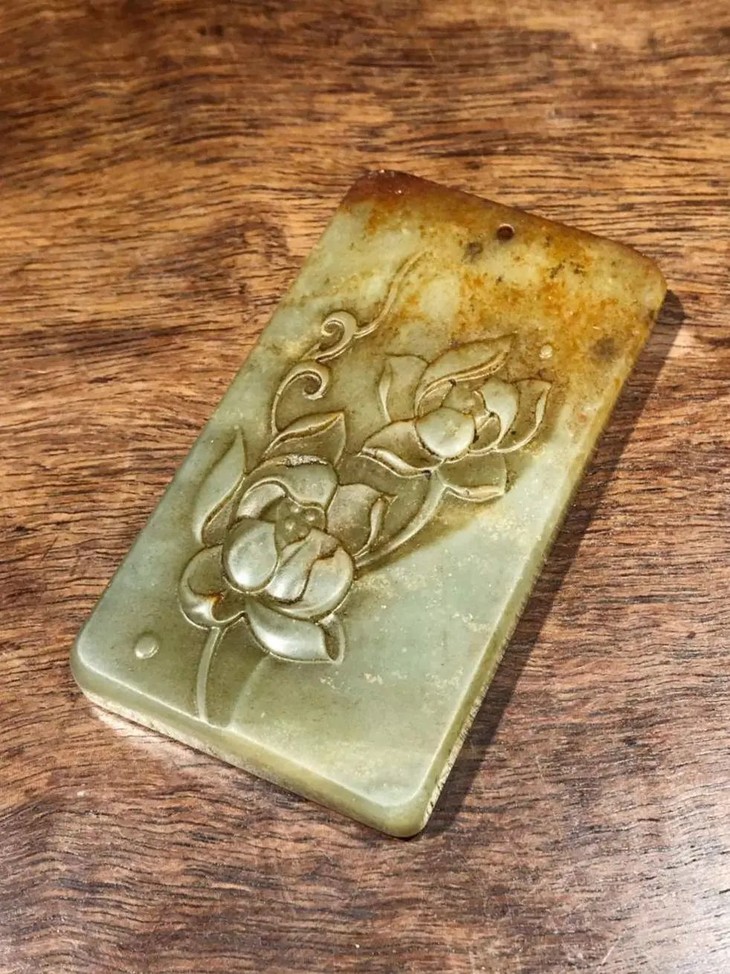 青黄玉高浮雕花卉诗文玉牌, 顺丰包邮