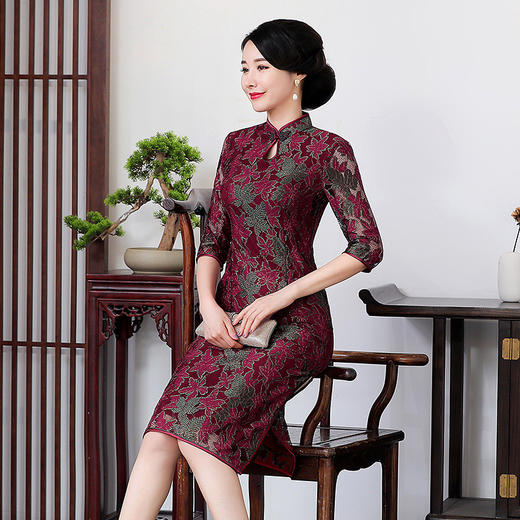 上海旗袍厂ys05983旗袍复古改良中袖红色蕾丝宴会妈妈装婆婆旗袍