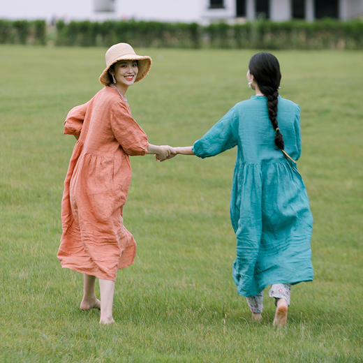 绽放e345朵/青澄/2020夏新款轻薄苎麻连衣裙灵动飘逸显瘦开衫长裙