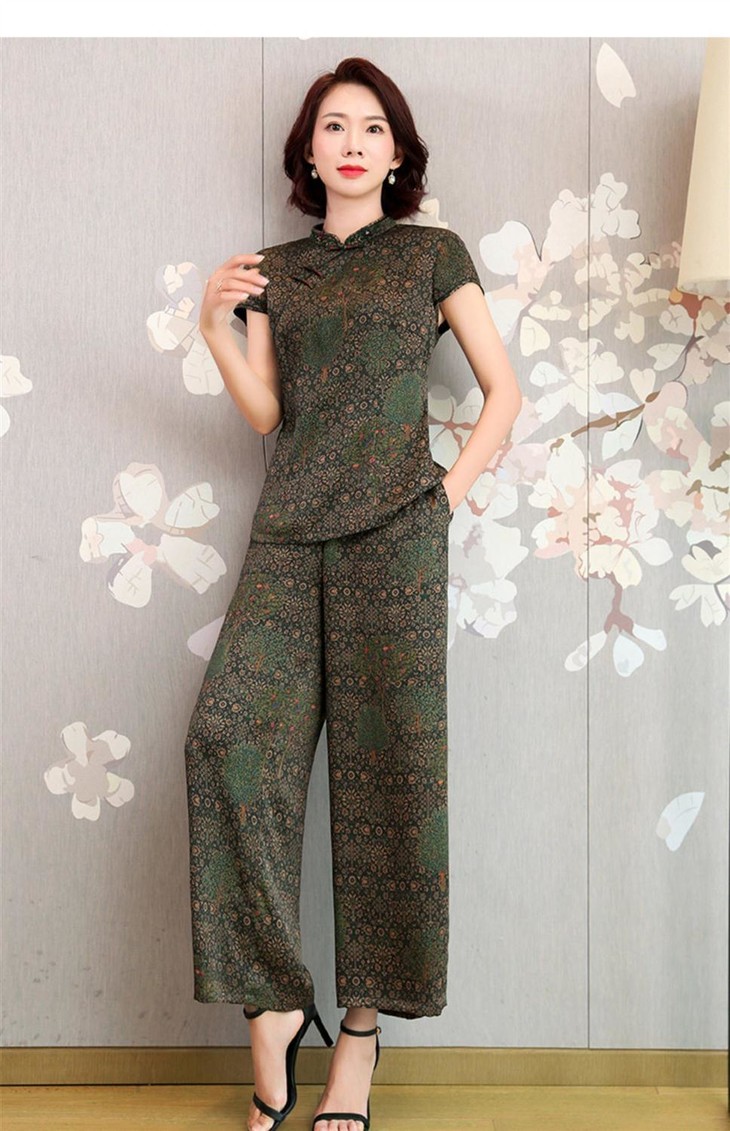 yq5102仿香云纱套装女真丝阔腿裤两件套