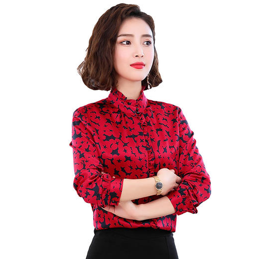 上海旗袍厂ls-1907时尚长袖真丝衬衫女立领木耳边桑蚕丝上衣