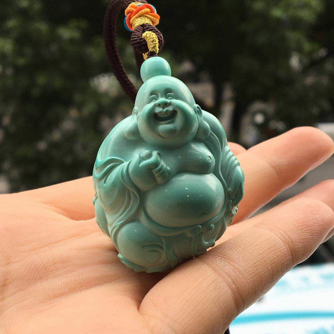收藏级臻品绿松石弥勒佛吊坠玫瑰玫瑰
