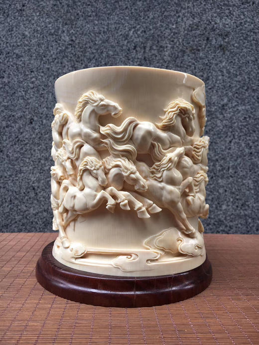 收藏级传世臻品【万马奔腾】猛犸象牙笔筒/招财摆件