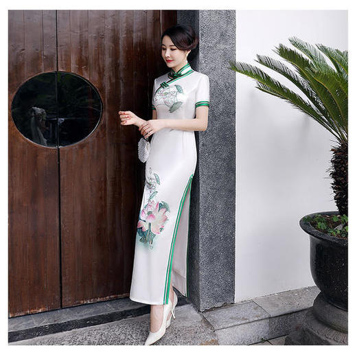 mnx-mnx83457素色中长款荷花烫钻旗袍