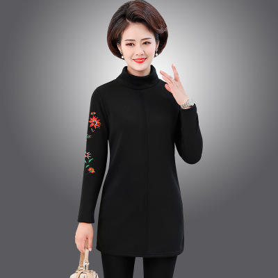 yx-h983 中年女秋冬中长款加绒打底衫保暖上衣宽松加厚长袖绣花t恤