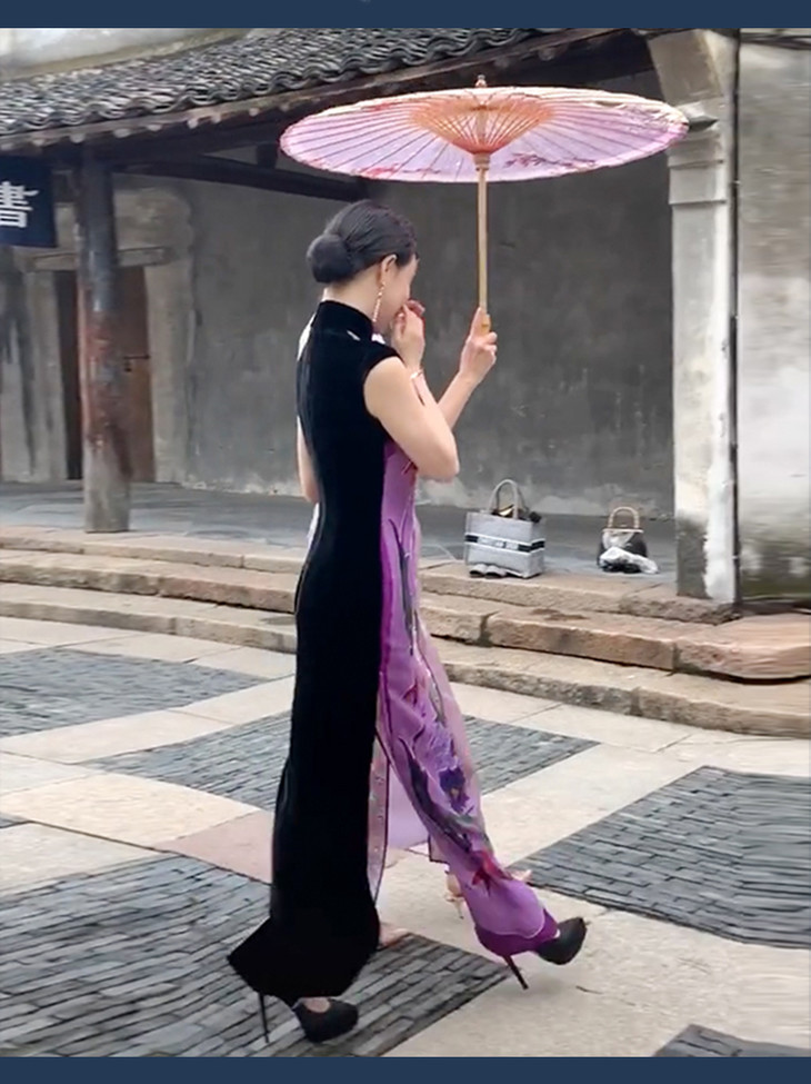 抖音同款复古开衩丝绒紫色表演旗袍mb花开富贵