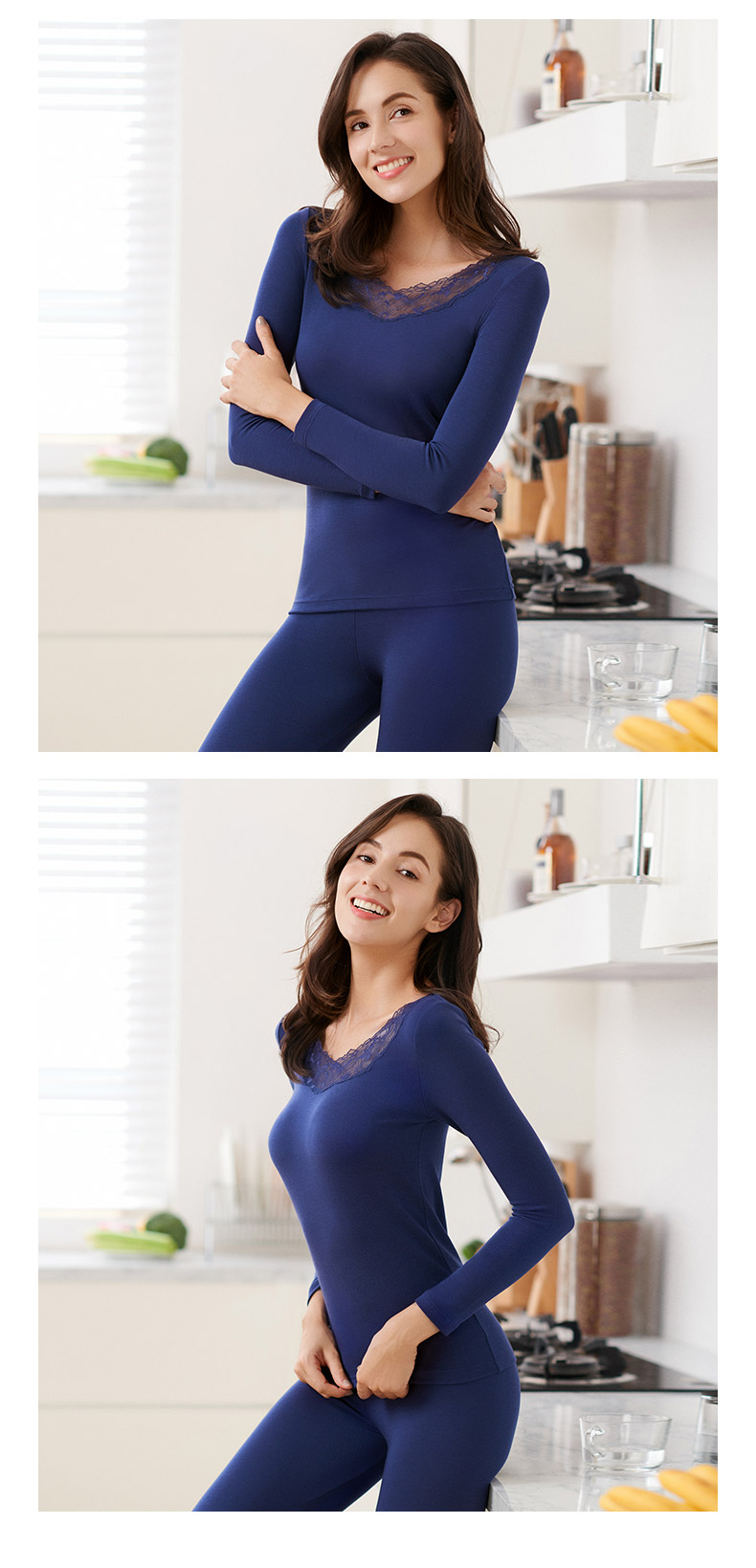 triumph黛安芬蕾丝v领秋衣秋裤羊毛成分保暖内衣套装女92005