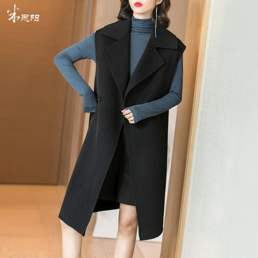 米思阳2019秋季新款时尚气质黑色中长款100羊毛双面呢马甲外套女