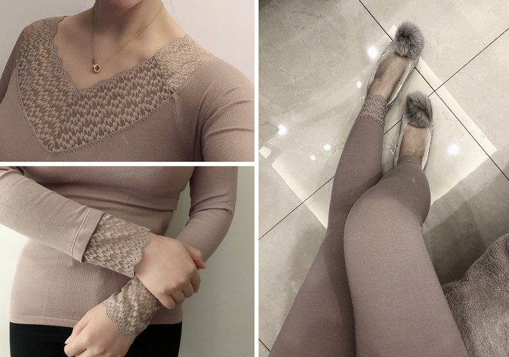 内衣藕粉色,搭配精致蕾丝,整体上身效果很优雅女人味,做工也无可挑剔