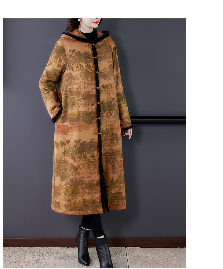 ahmmyx8633香云纱棉服长款过膝妈妈装夹棉连帽棉衣长外套