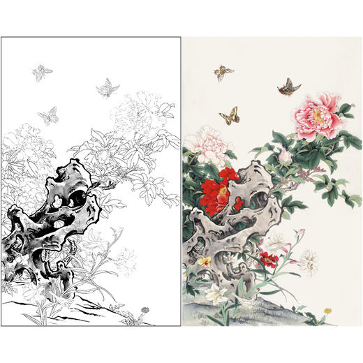 有步骤陈军工笔画白描底稿牡丹蝴蝶群芳斗艳多种白描尺寸和步骤图可选