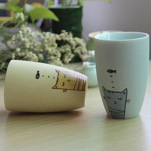 【为思礼  小清新】情侣对杯 手绘雕刻 高档创意个性陶瓷杯 猫思鱼情侣套装 商品图1