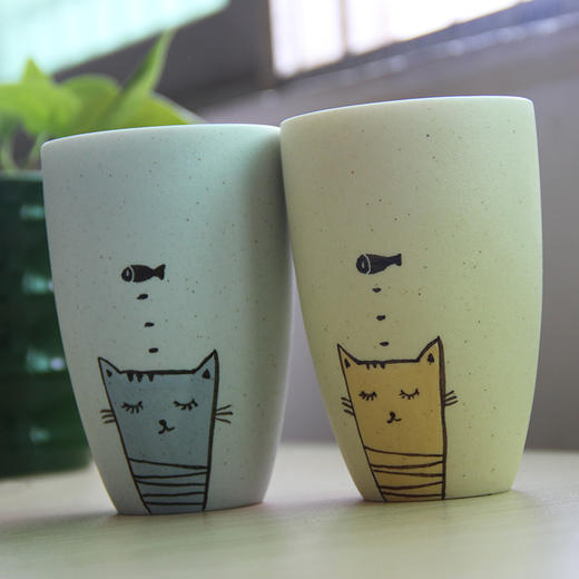 【为思礼  小清新】情侣对杯 手绘雕刻 高档创意个性陶瓷杯 猫思鱼情侣套装 商品图0