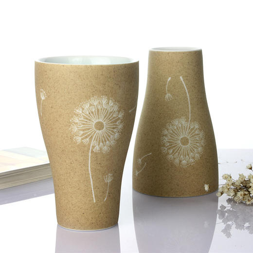 【为思礼】蒲公英的约定 陶泥磨砂手工雕刻 情侣咖啡水杯 商品图0